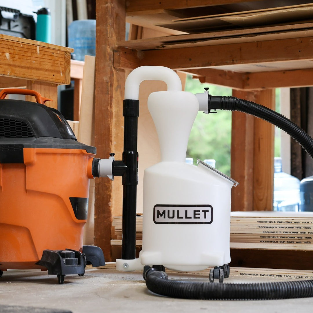 Mullet Wet Dry Shop Vacuum Hose Adapter connected to M5 Dust Cyclone Collection and Ridgid wet dry vac - Mullet Tools